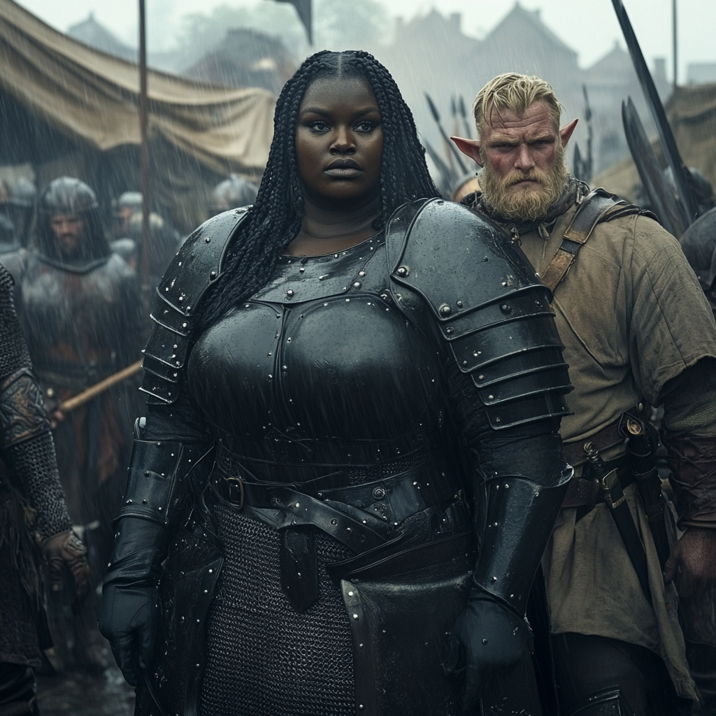 Black woman in armor in tent after battle rally.