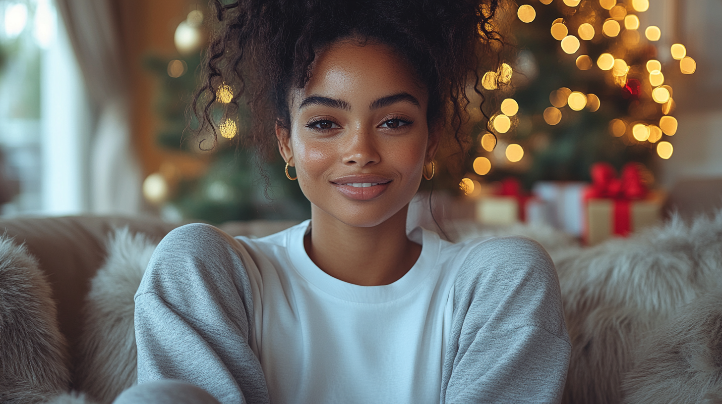 Black woman in gray sweatpants and white t-shirt sitting.