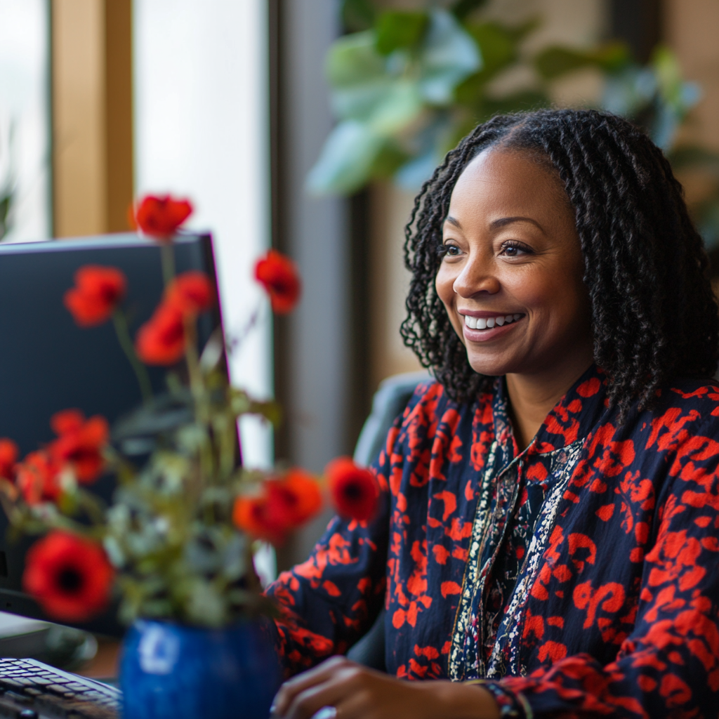 Black woman in red and blue smiling at computer.