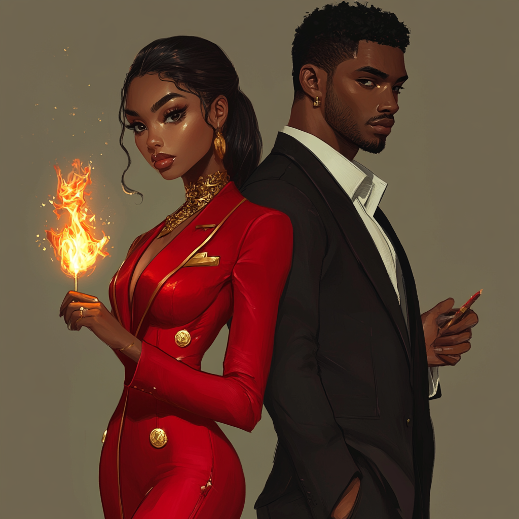 Black woman in red suit holds small fire flame.