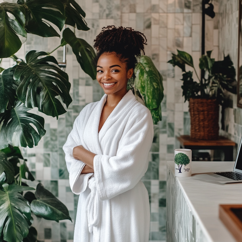 Black woman in white robe smiling in green plant bathroom.