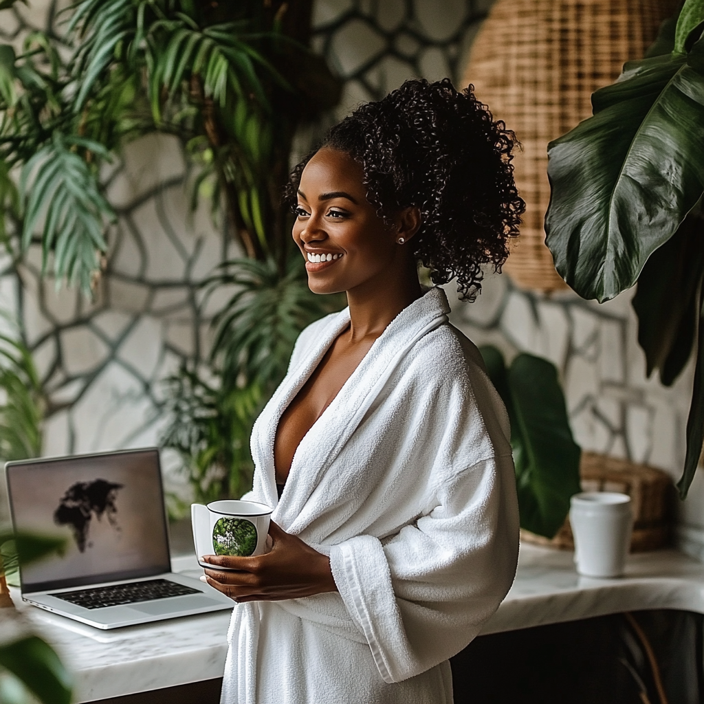 Black woman in white robe smiling in plant-filled bathroom.