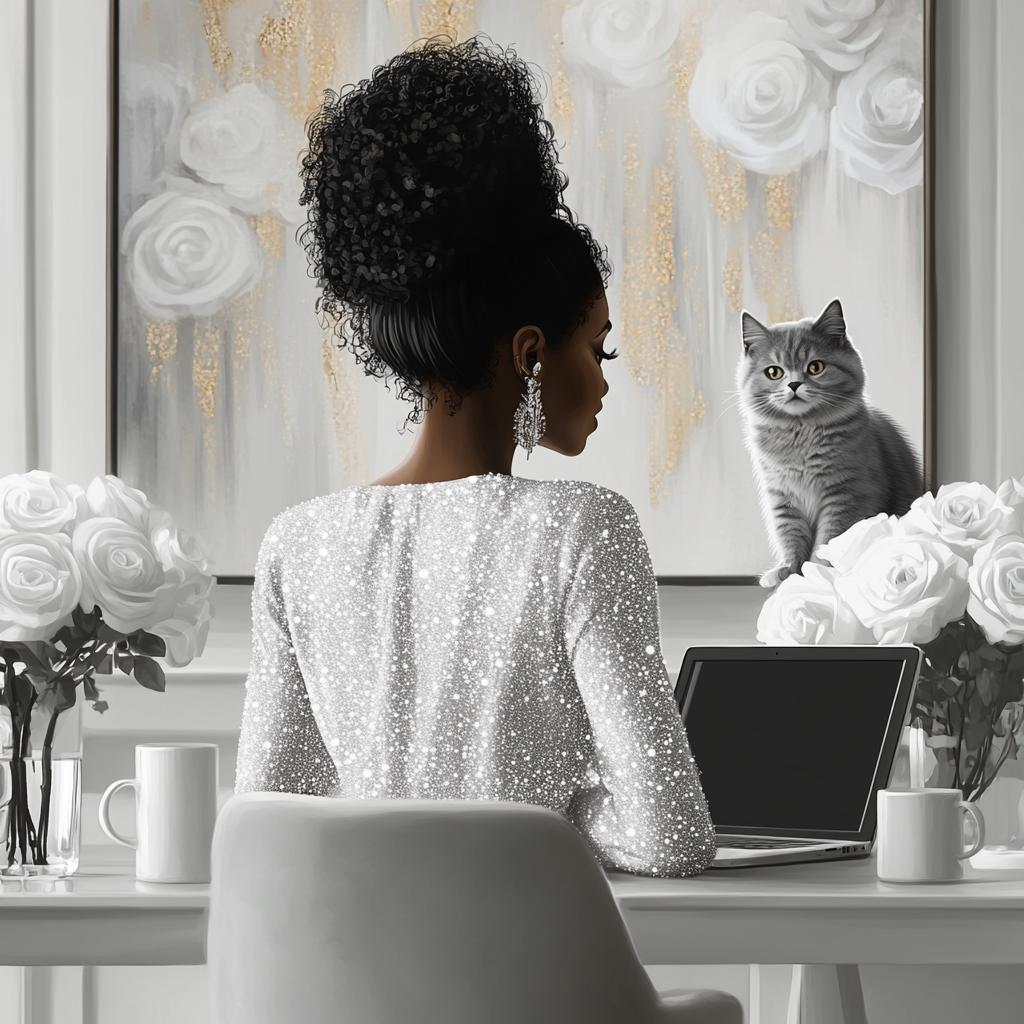 Black woman in white top with laptop, coffee, cat