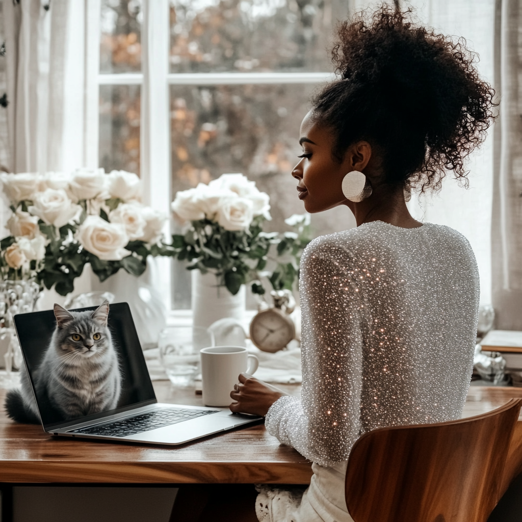 Black woman in white top with laptop, coffee, roses