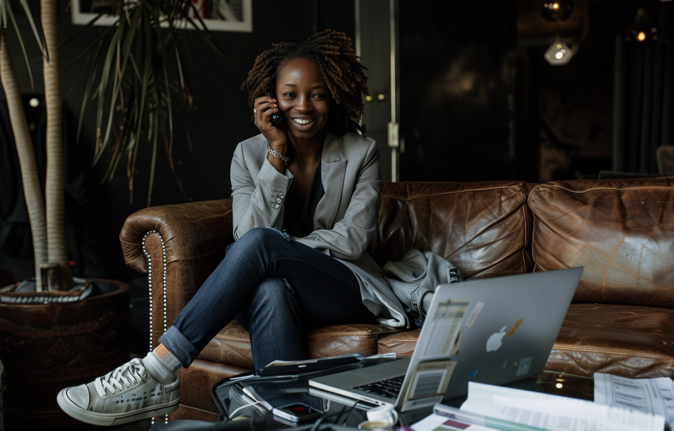 Black woman politician sits on couch, talks and smiles.