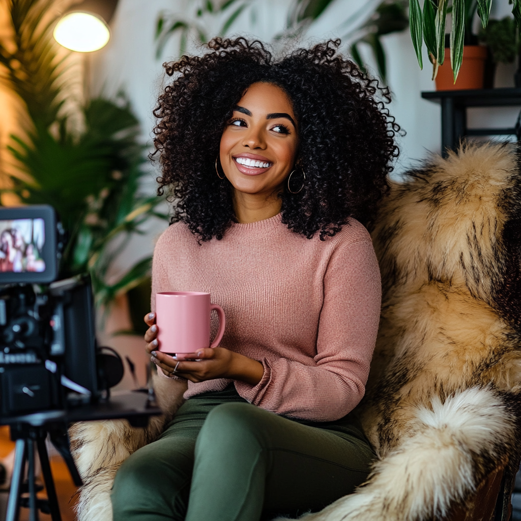 Black woman recording YouTube video with pink mug.