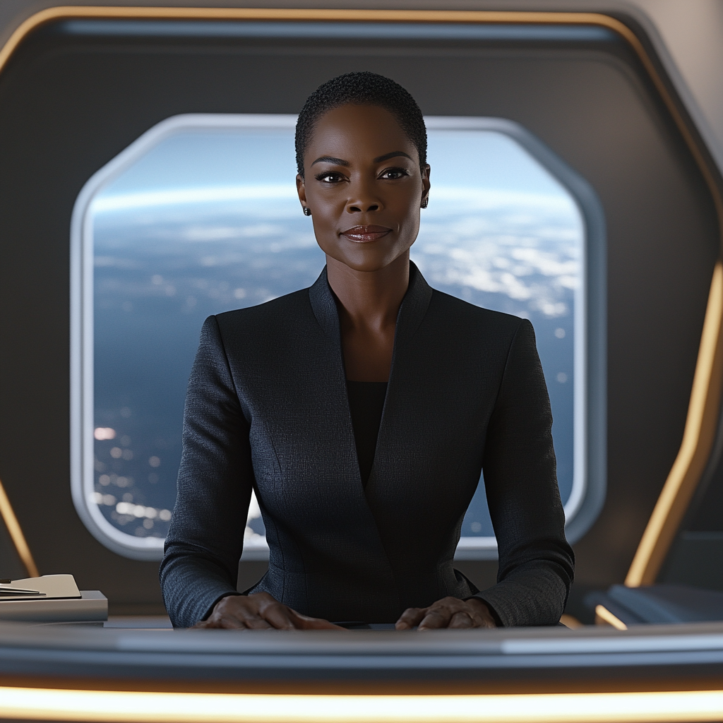 Black woman resembling Viola Davis, in futuristic studio.