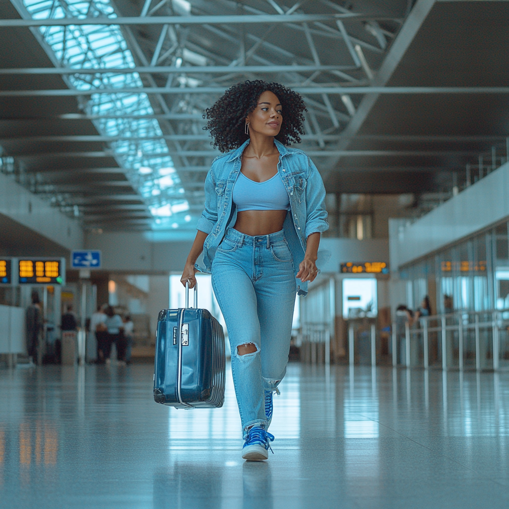 Black woman rushing in airport to catch flight.