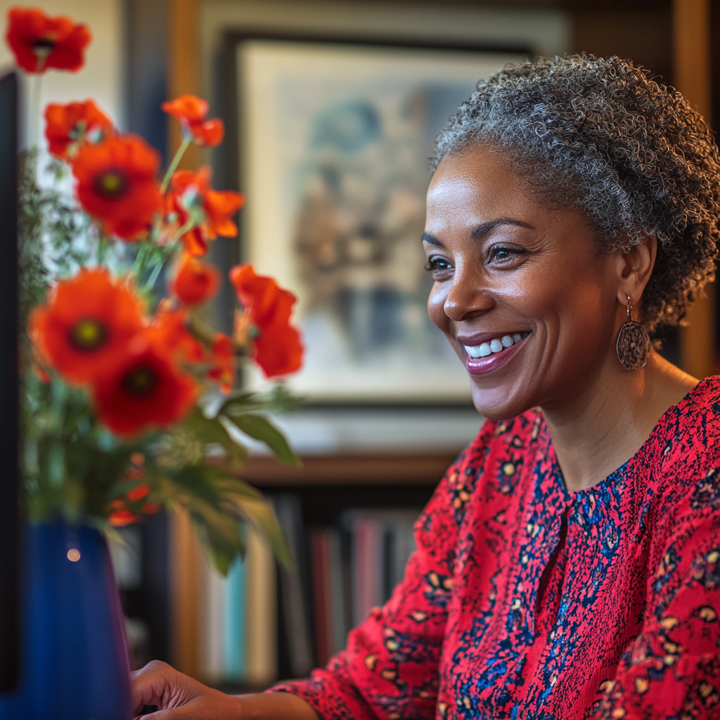 Black woman smiling at virtual meeting, engaging with screen.