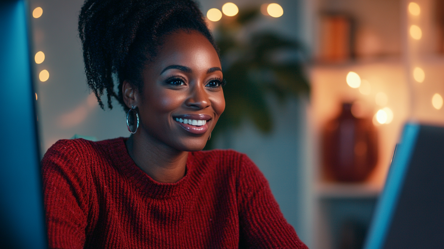 Black woman smiling during online meeting, building community through collaboration.