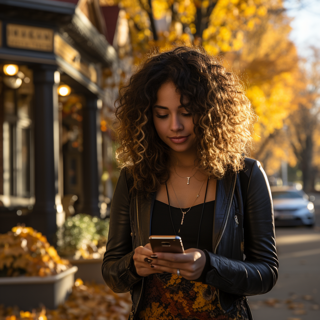 Black woman walks down tree-lined street with fall trees.