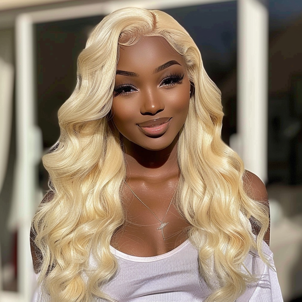 Black woman wearing blonde lace frontal wig, smiling confidently.