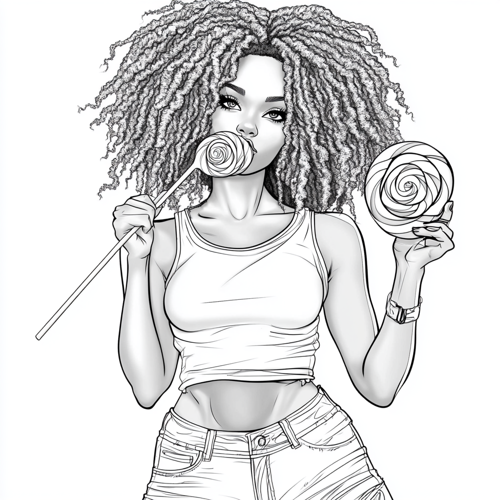 Black woman with Afro puffs eats giant lollipop.