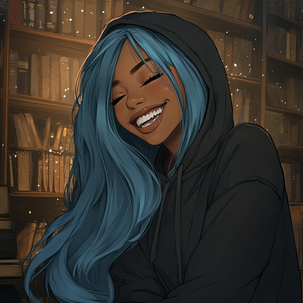 Black woman with blue hair in cozy library, blushing.