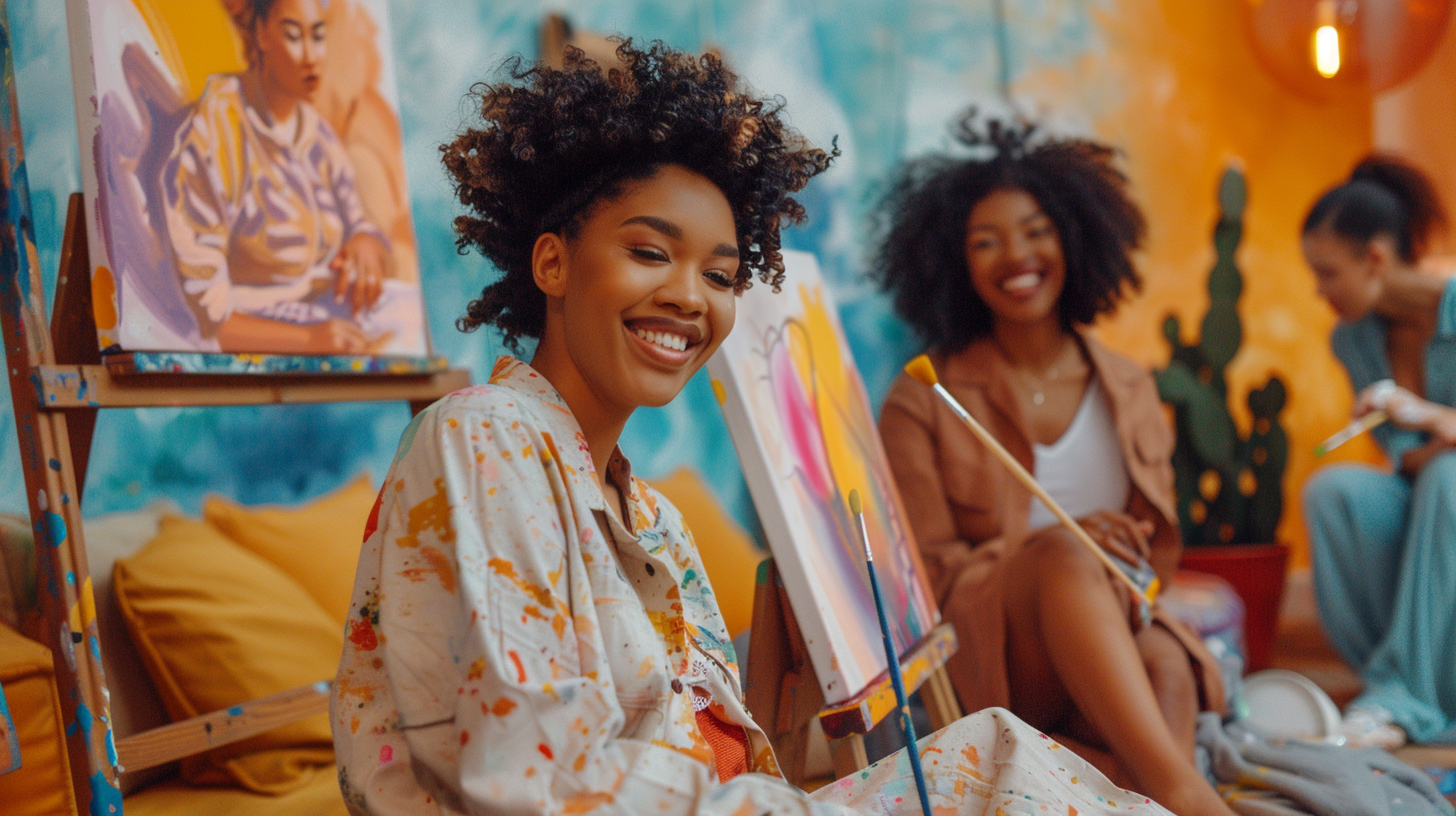 Black women at cozy pajama party painting together joyfully.