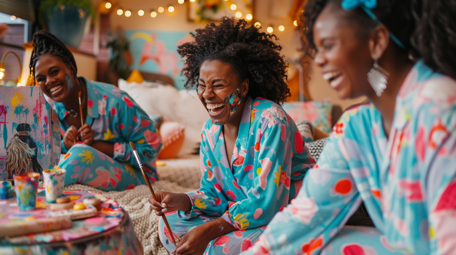 Black women at pajama party painting lively. Room bright with laughter and energy.