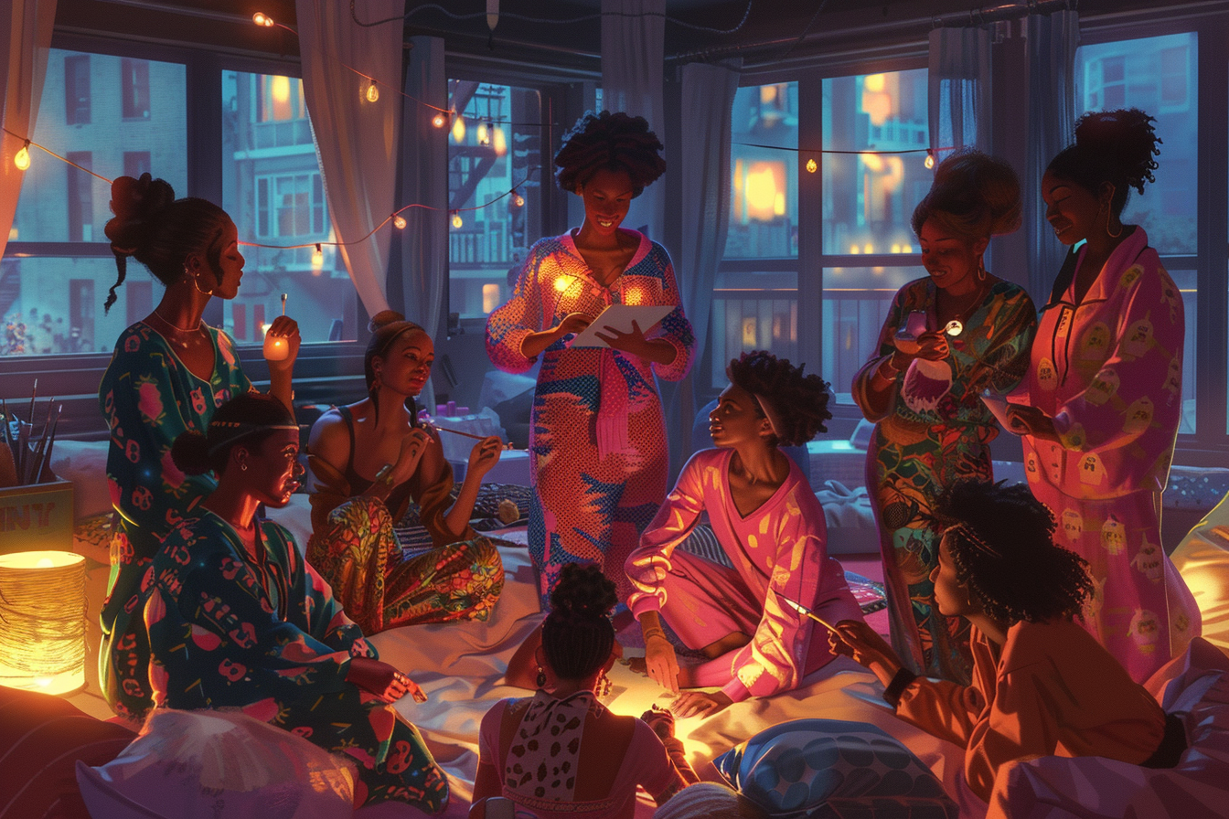 Black women painting, cozy lamps, warm ambiance, patterns.