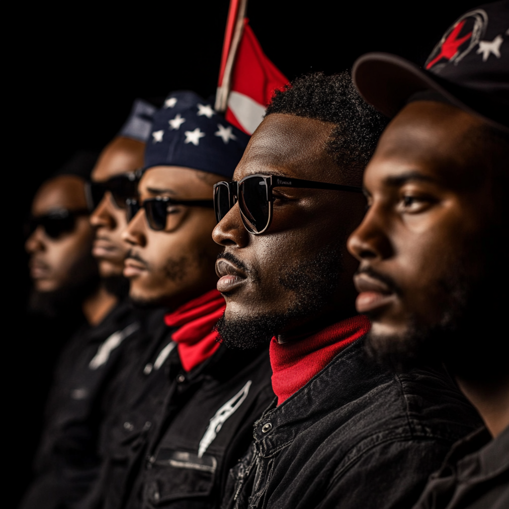 Black workers in US flag-themed hyperealistic photography 