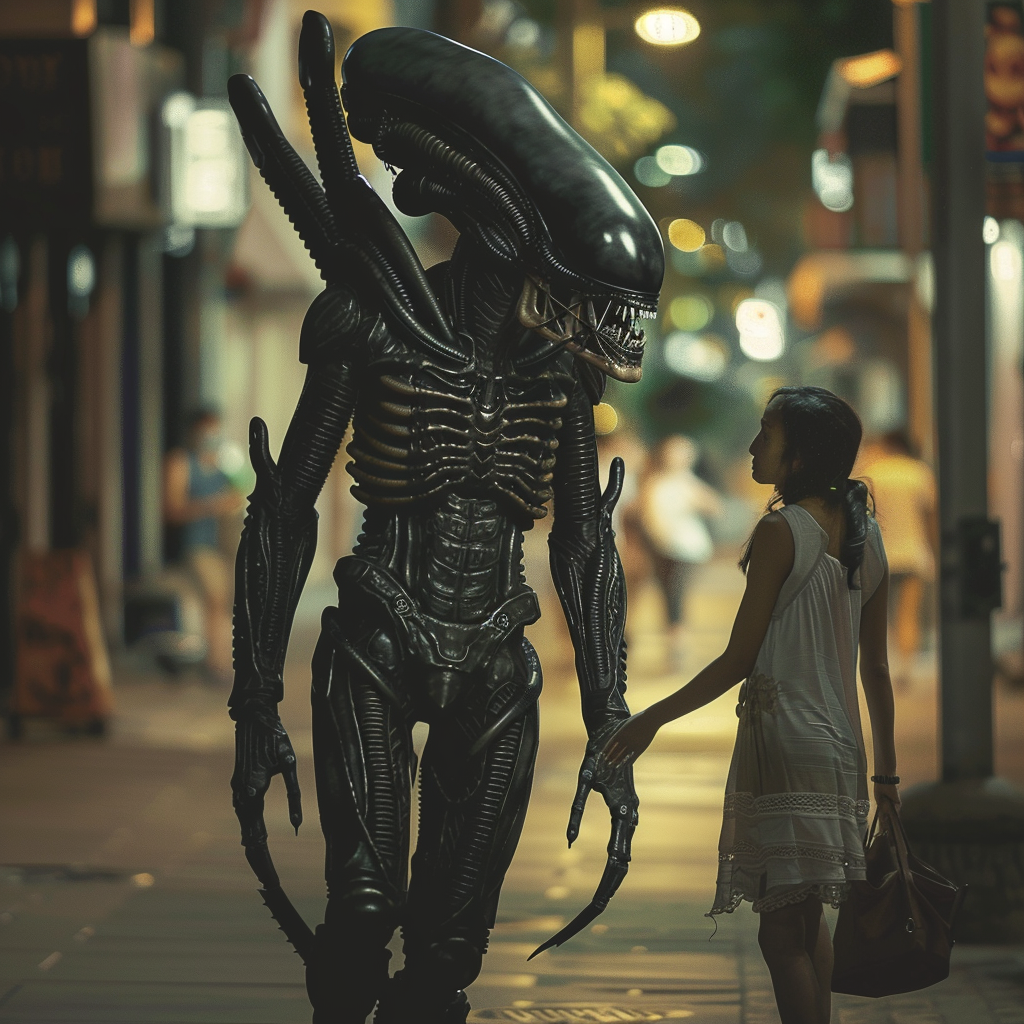 Black xenomorph alien walking, predator alien holds woman's hand.