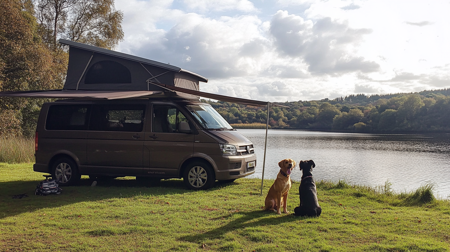 Blackberry Metallic 2014 T5 Transporter Camper Van with Cockapoo and Doberman by Lake