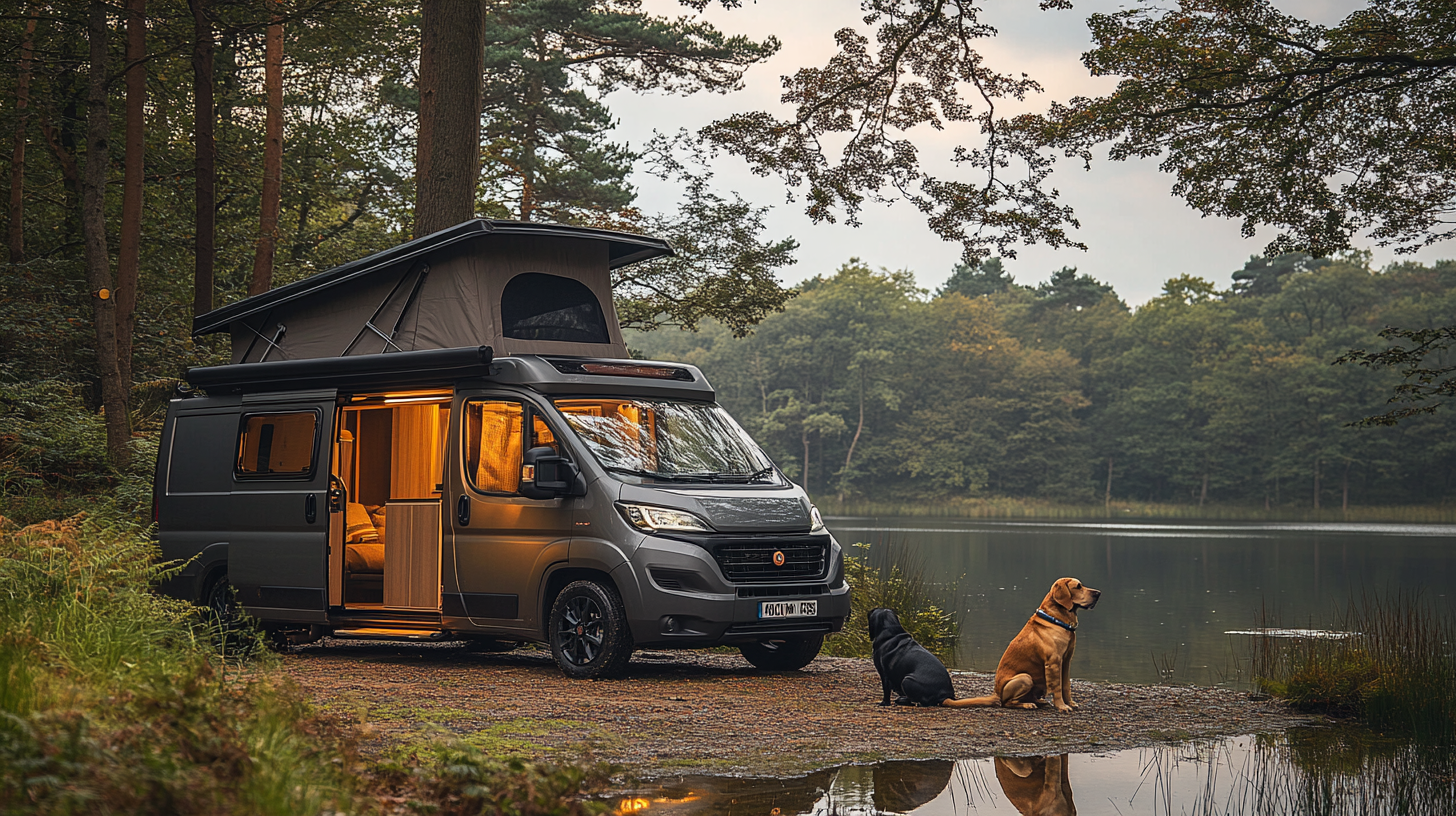 Blackberry Metallic T5 Camper Van with Dogs Lakeside