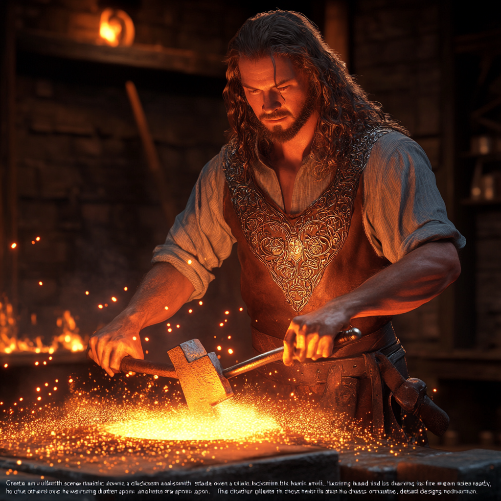 Blacksmith at glowing anvil hammers metal with fire.