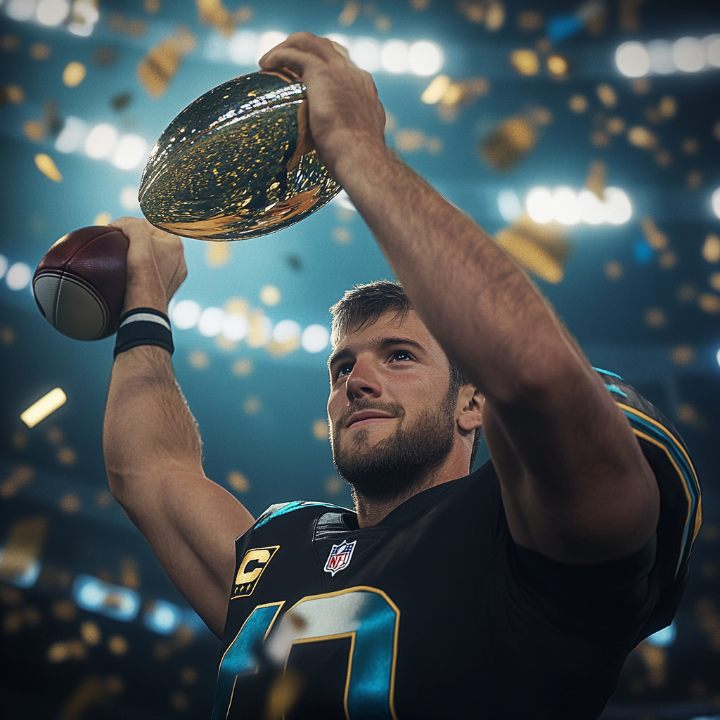 Blake Bortles holding trophy after winning super bowl