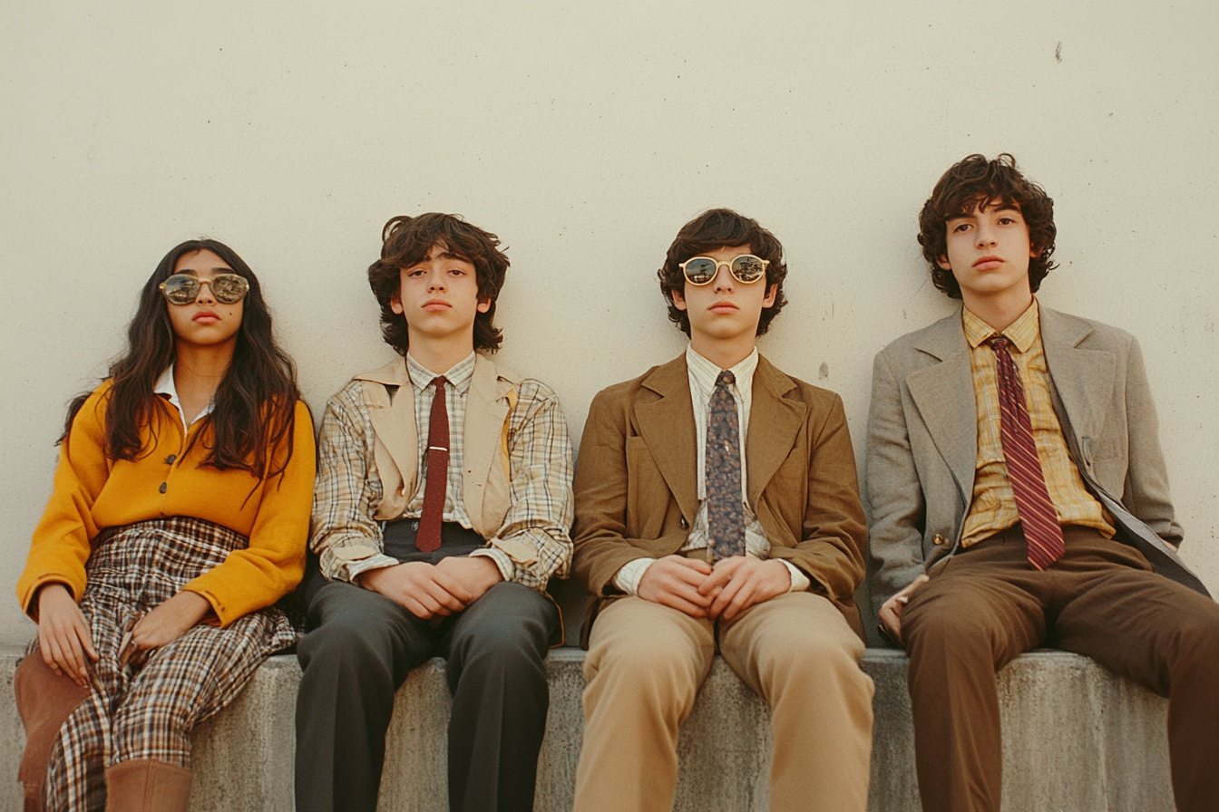 Blazer, concrete wall, 4 nerdy teenagers, industrial space.