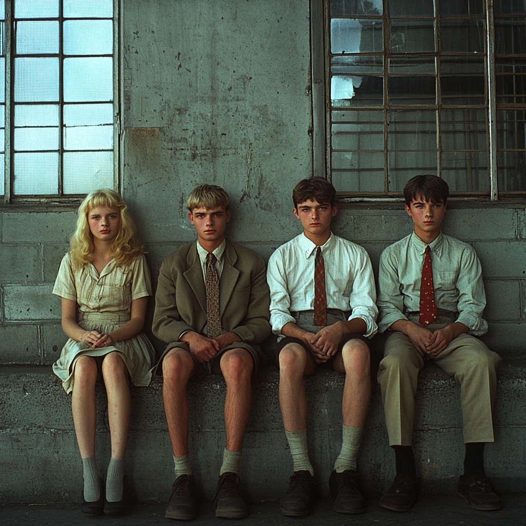 Blazer shirt and tie nerdy teenagers in industrial space.