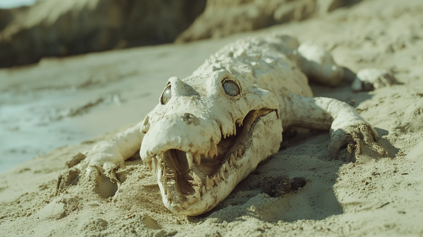 Bleached zombie crocodile claymation on Lompoc beach