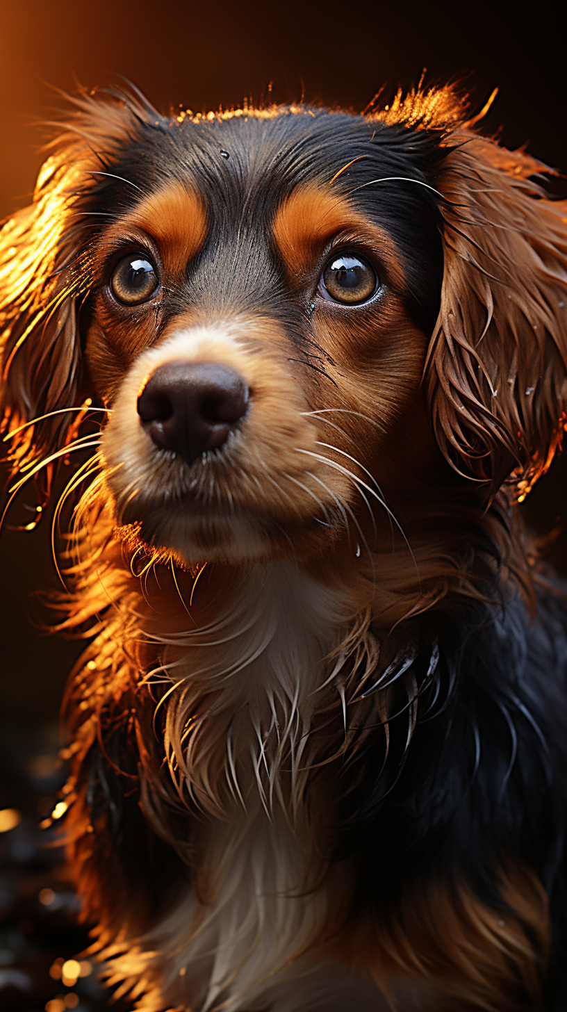 Blenheim Cavalier King Charles Spaniel puppy with dramatic lighting.