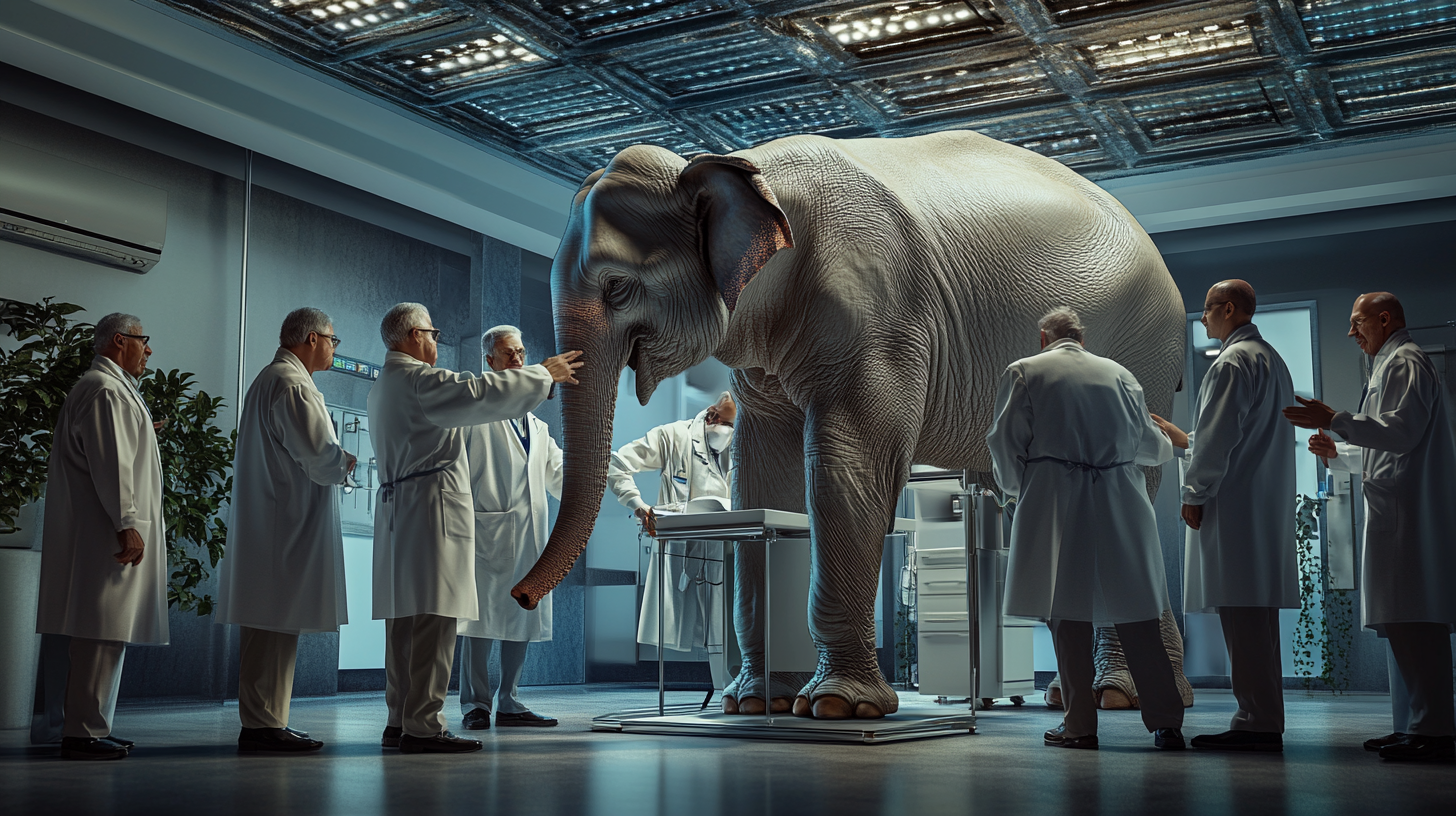 Blind Doctors Examining an Elephant in Lab