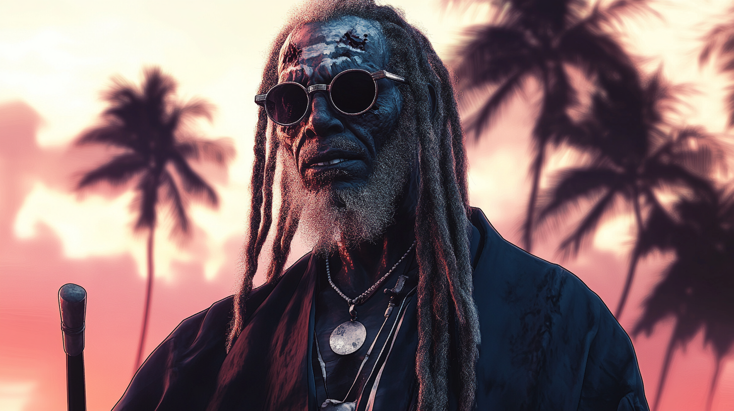 Blind Haitian Zombie Priest with Silver Dreadlocks