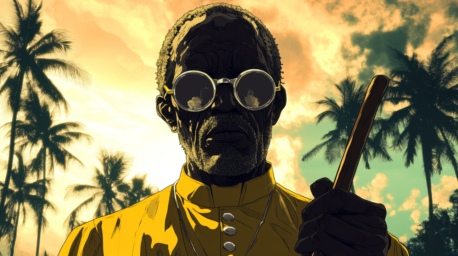 Blind Jamaican Zombie Priest at Sunset