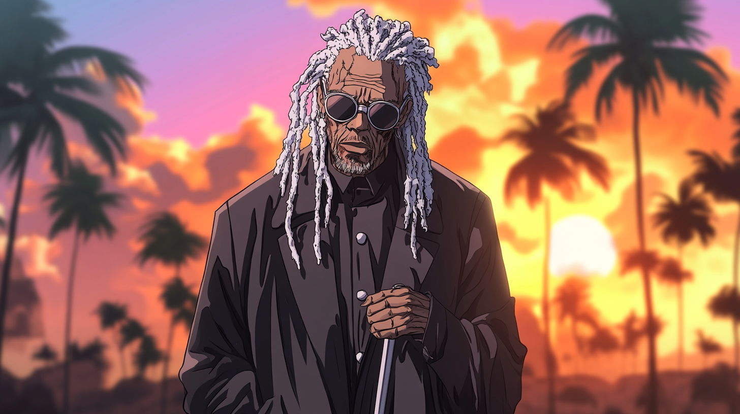 Blind Jamaican Zombie Priest: Anime Style Sunset Scene