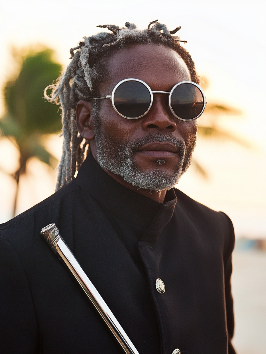 Blind Jamaican man in stylish sunglasses, silver dreadlocks