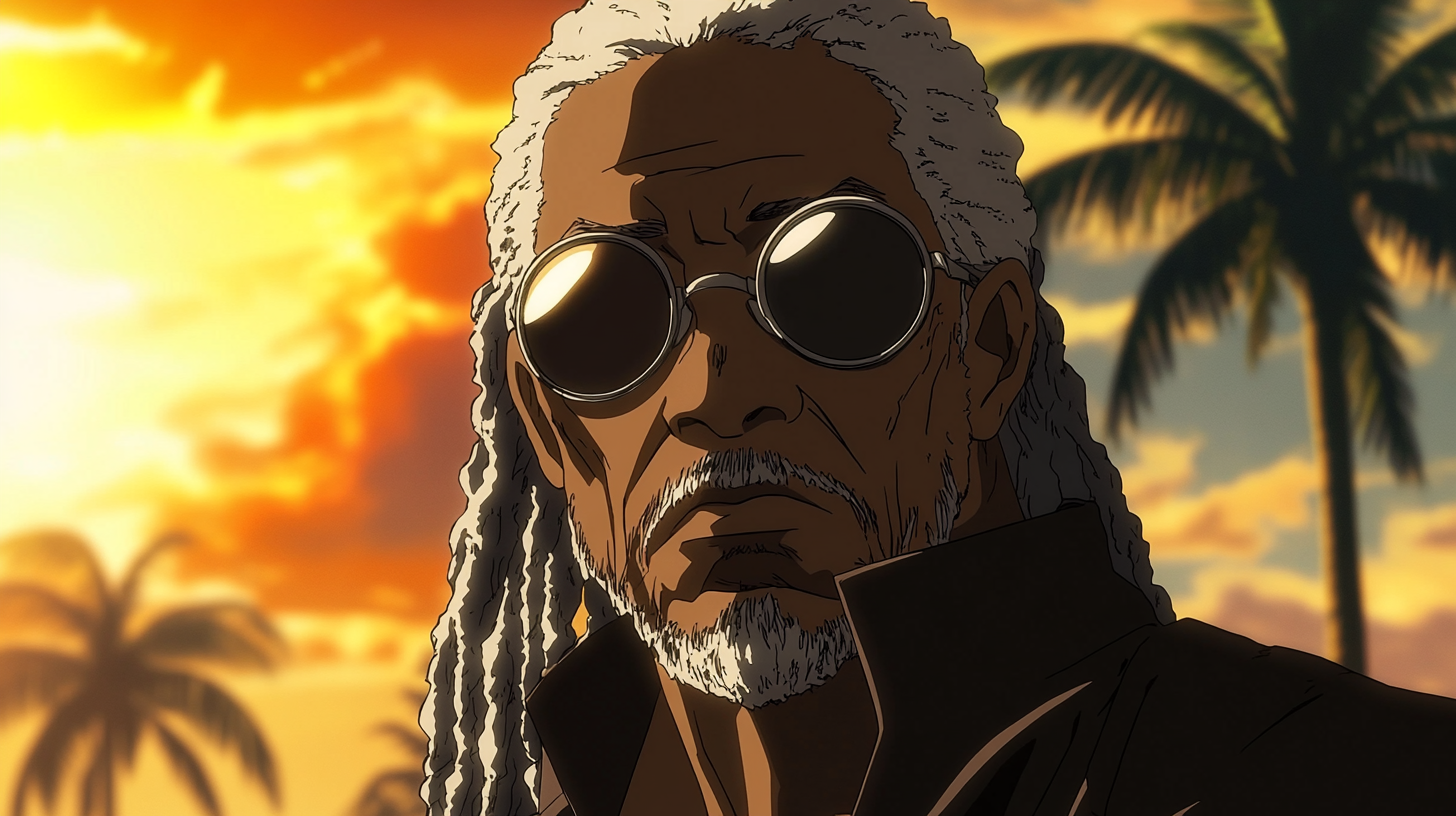 Blind Jamaican man with silver dreadlocks in anime.