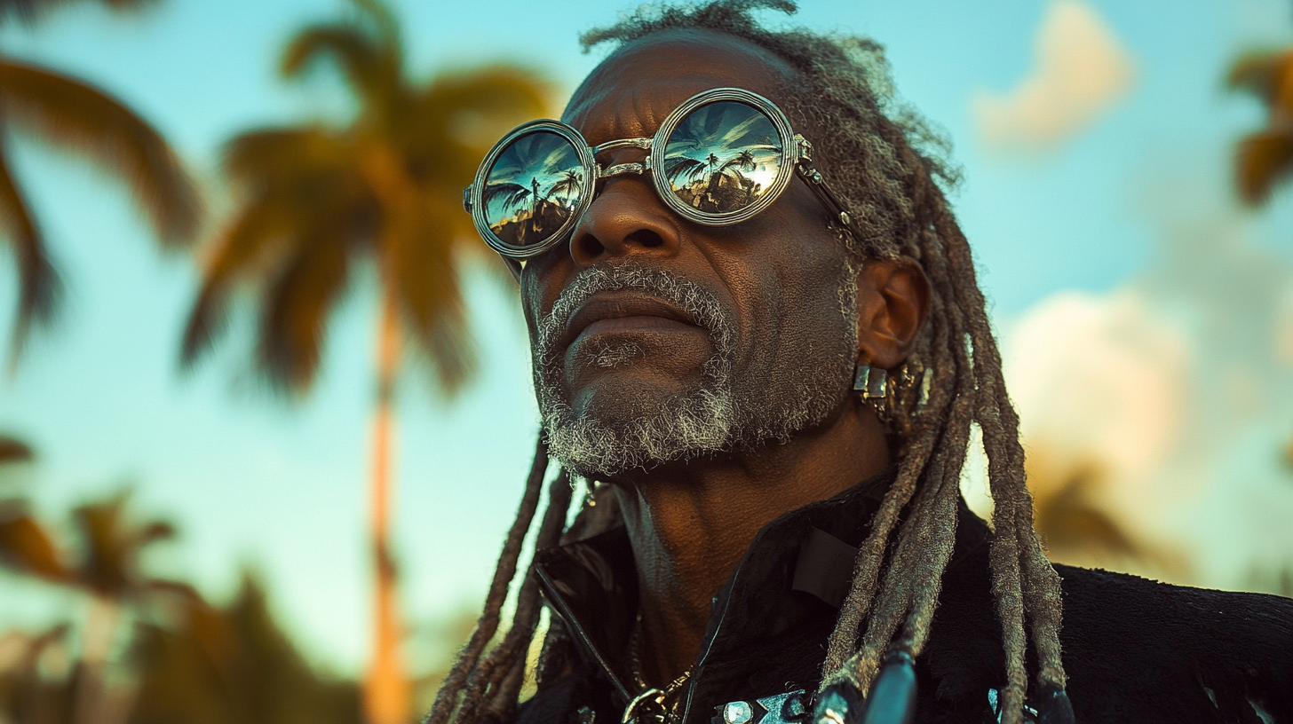 Blind Jamaican voodoo priest with silver dreadlocks.