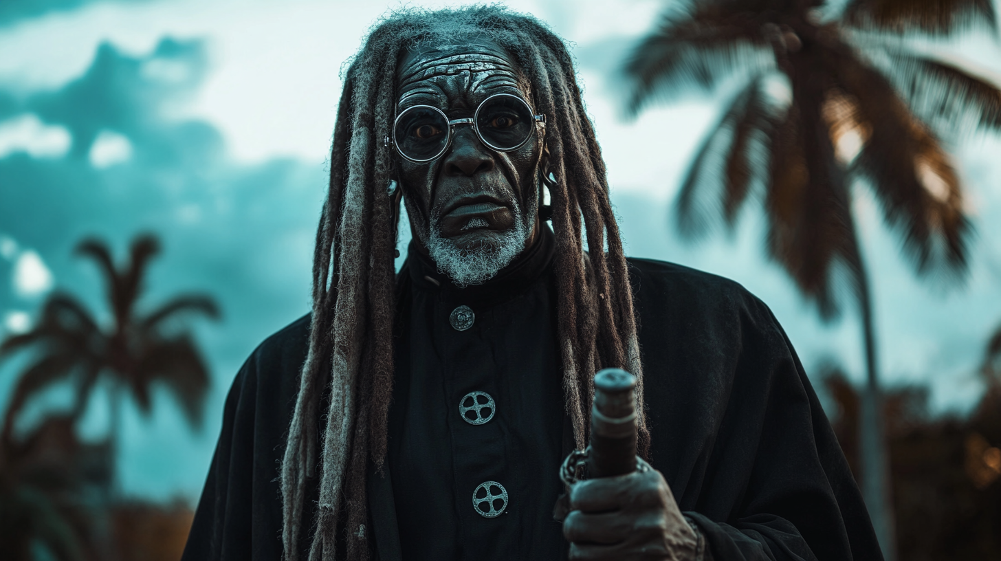 Blind Jamaican zombie priest with long dreadlocks