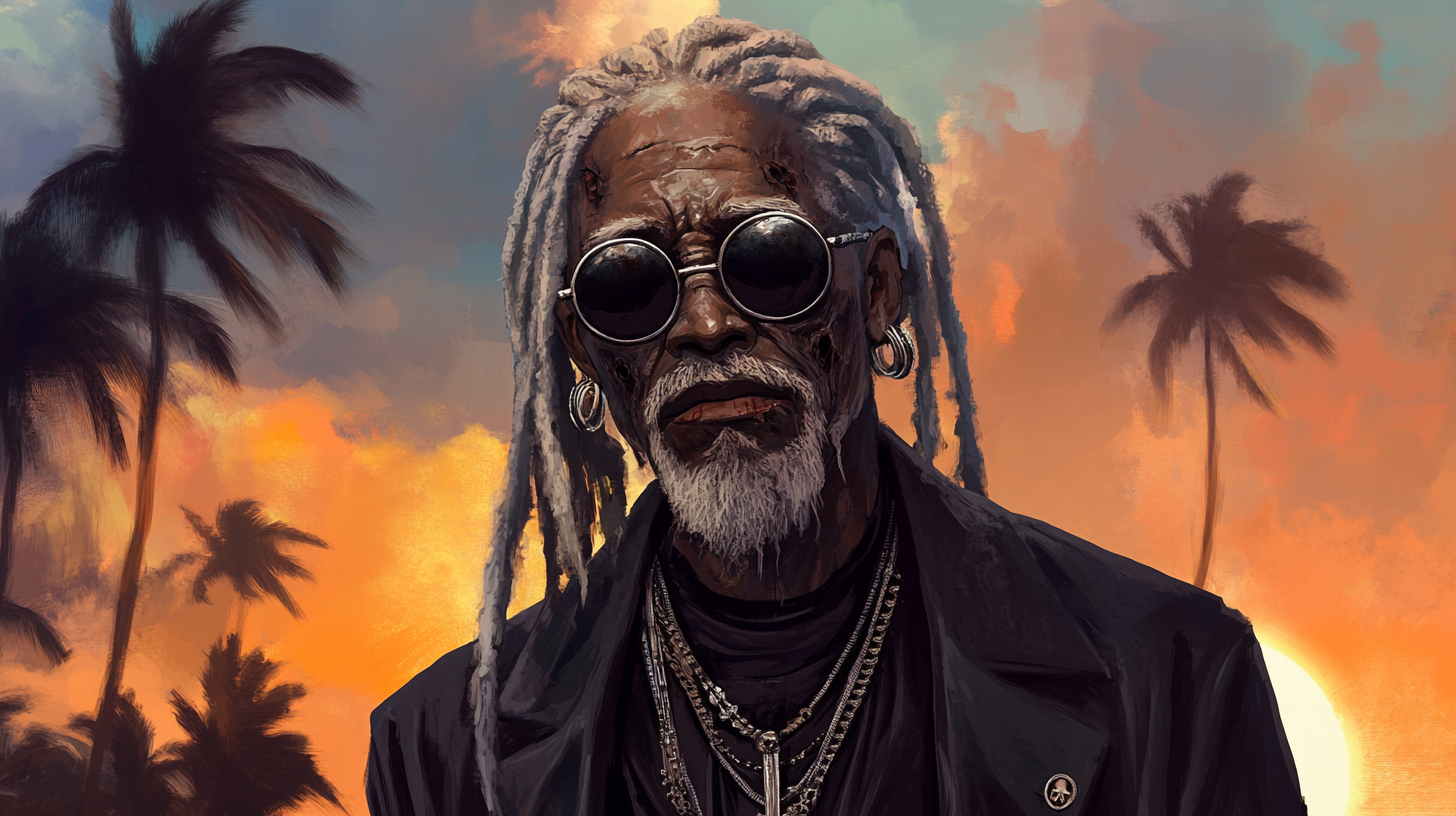 Blind Jamaican zombie priest with silver dreadlocks.