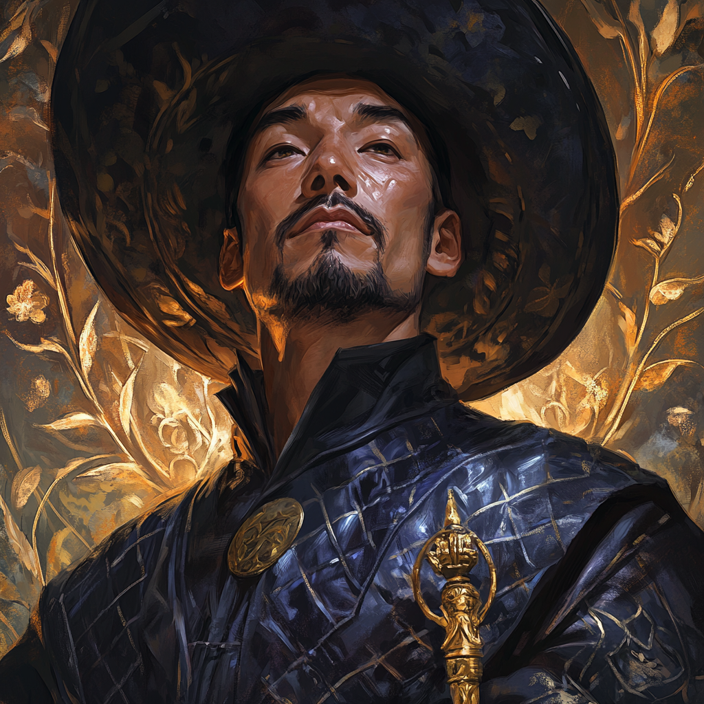 Blind Monk Brother Quan in Baroque-inspired portrait, elegant and serene.