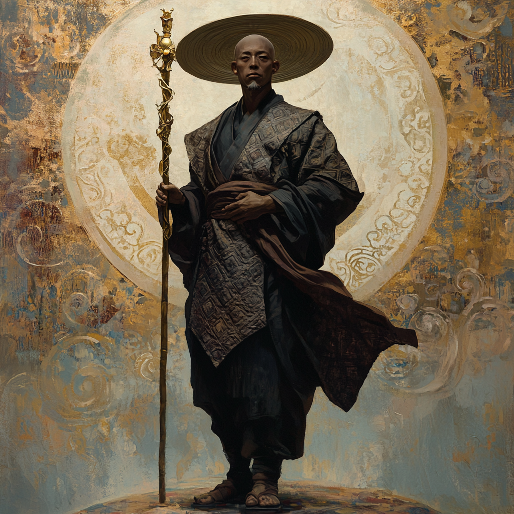 Blind human monk Brother Quan portrait, serene and commanding.