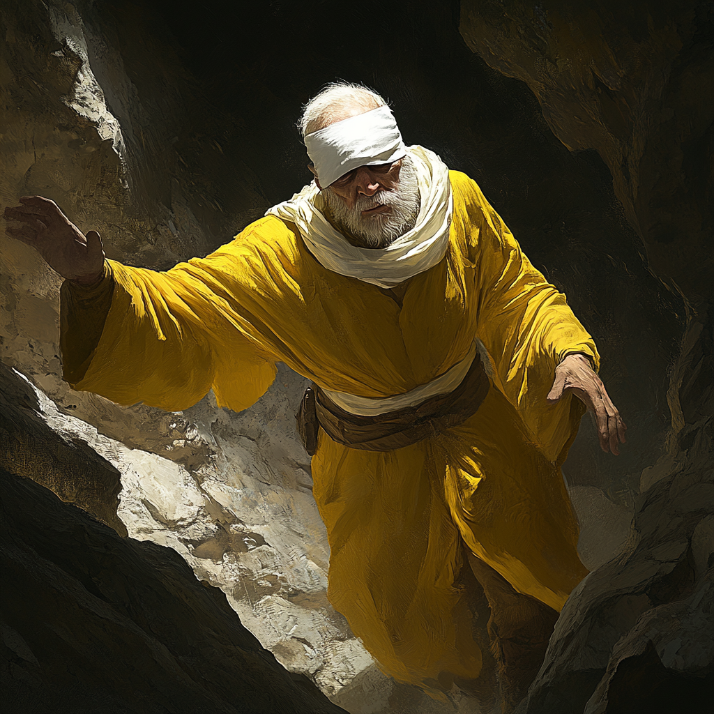 Blind old man in cavern, yellow robe, fantasy art.