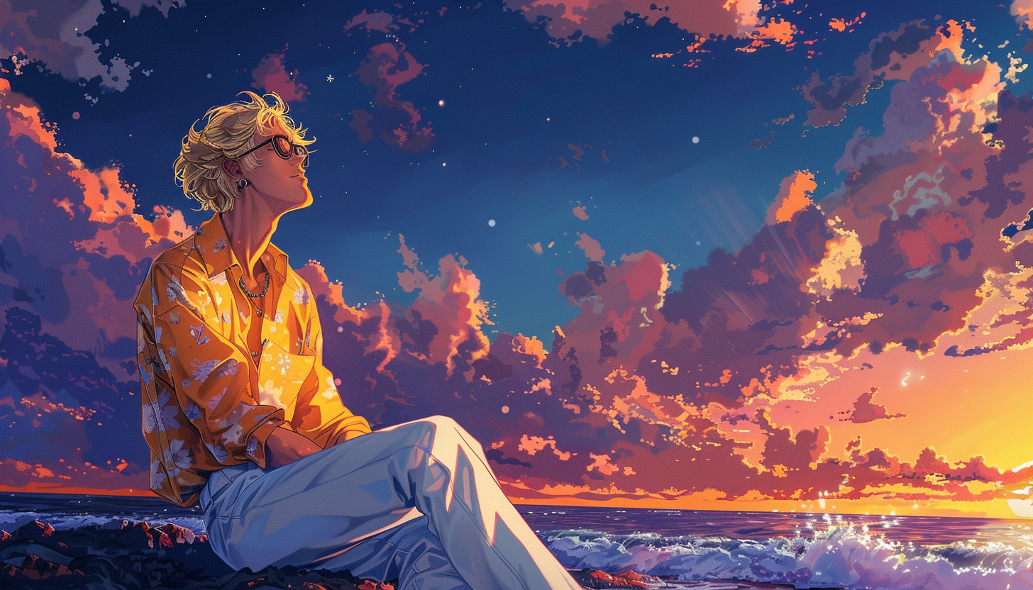 Blond Man Reflecting on Beach at Sunset, Ghibli Style