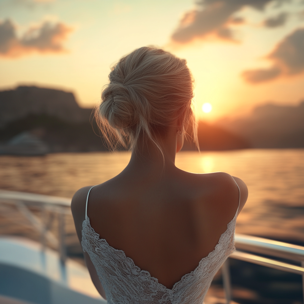 Blond Woman in White Dress Enjoying Yacht Sunset