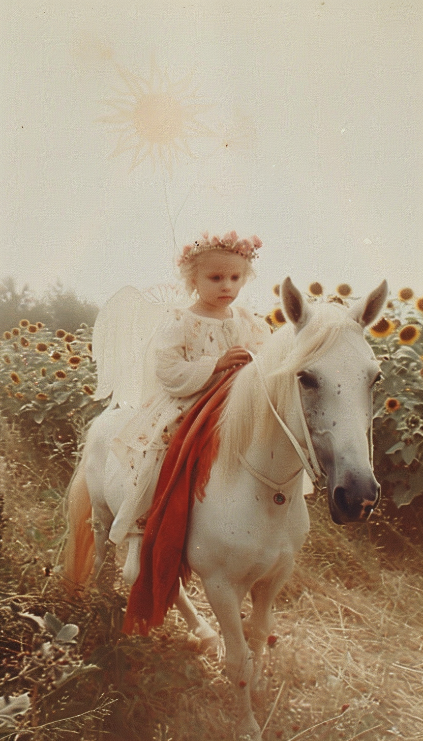 Blond baby with flower crown on white horse in sunflower field.