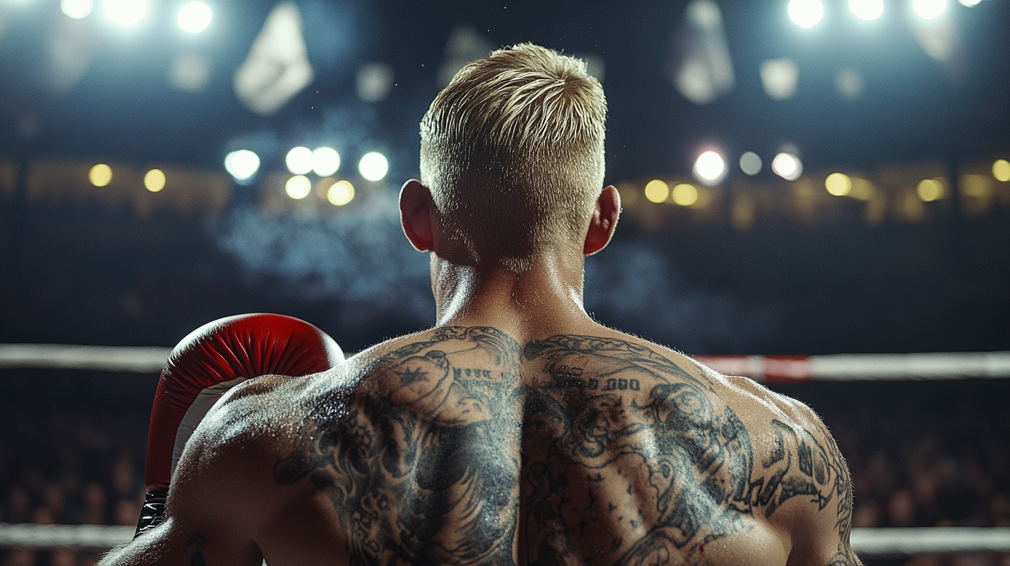 Blond boxer with tattoos wins fight in stadium