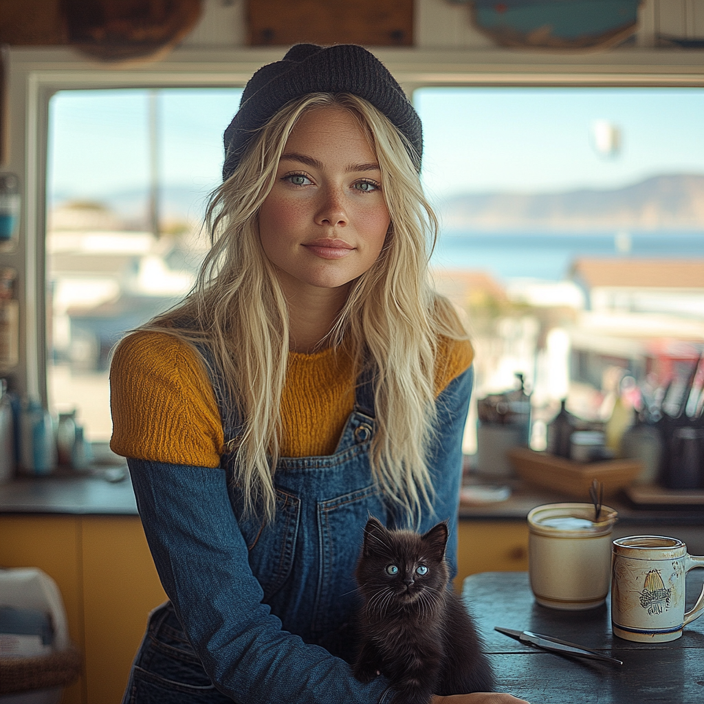 Blond woman in cozy hair salon with kitten. Ocean view.