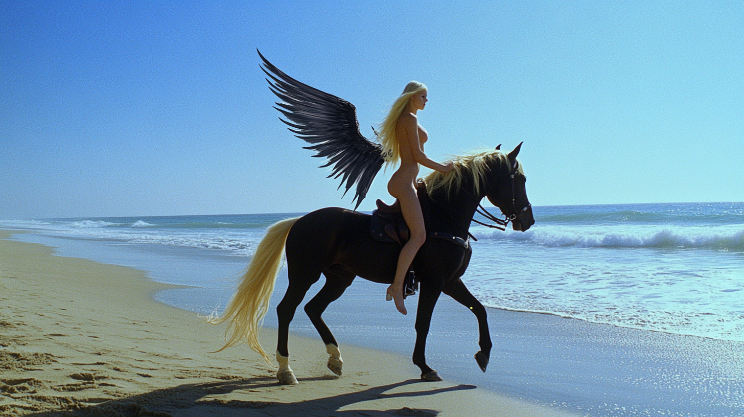 Blonde Angel Girl Riding Horse on Beach