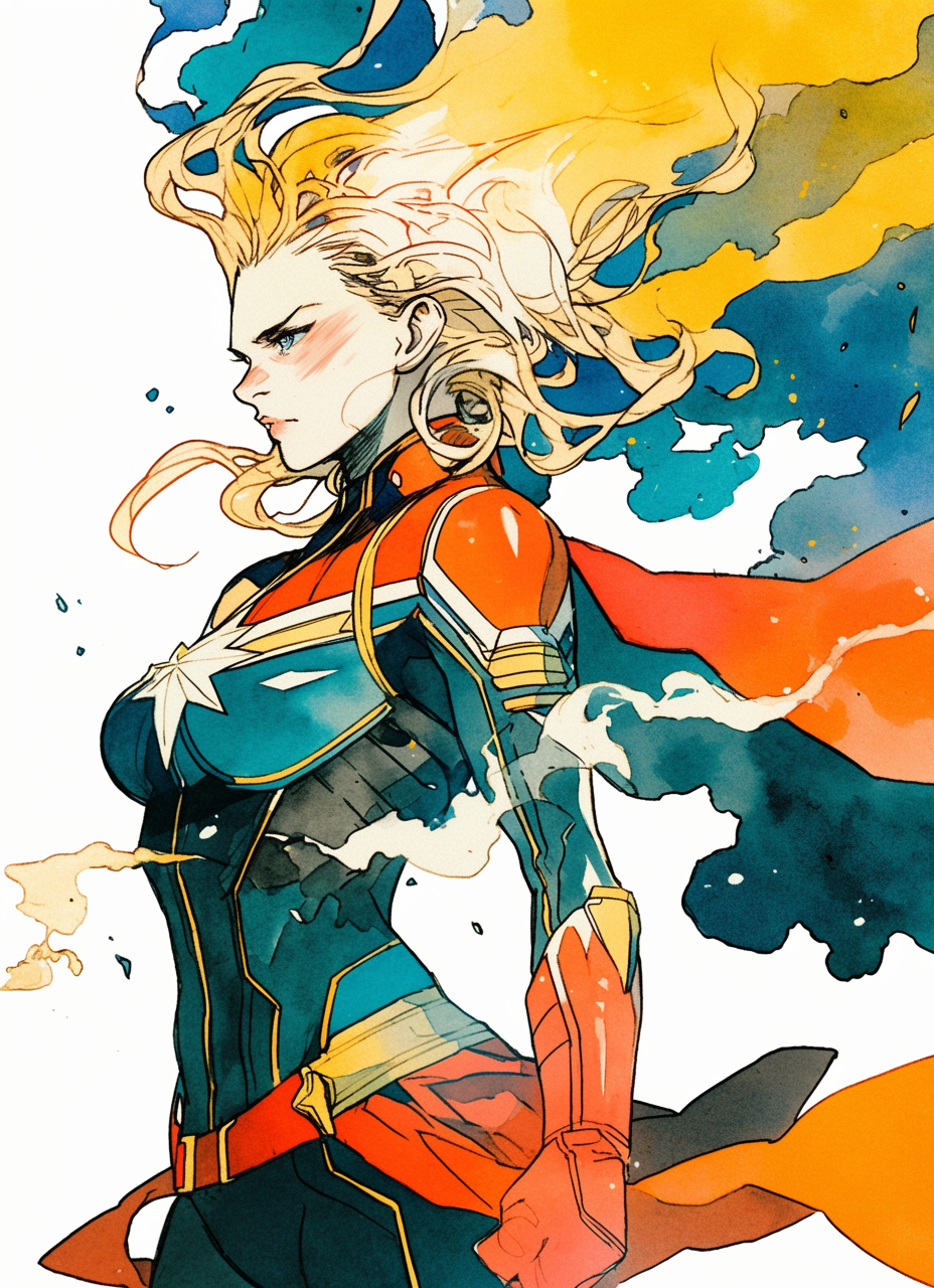 Blonde Captain Marvel with long hair in watercolor style.